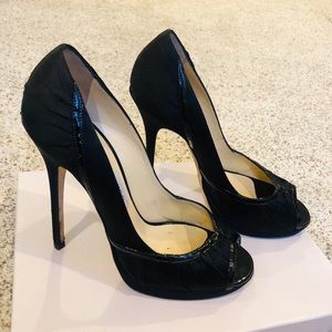 Jimmy Choo Satin/Patent Black Peep Toe Pumps